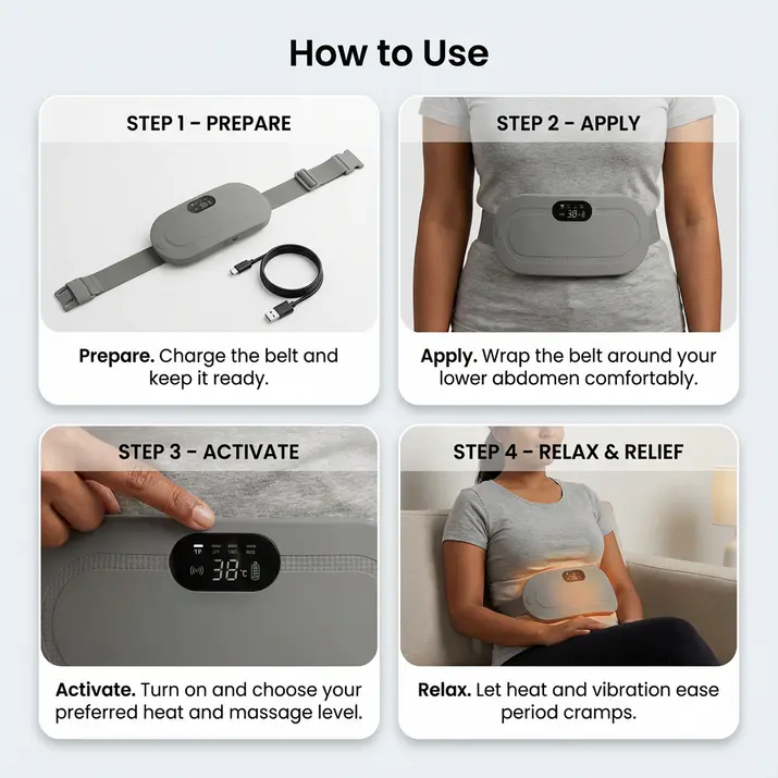 cramprelief heating & vibration belt instant relief from period pain, bloating & fatigue — dual heat + massage tech for drug free comfort cramprelief heating & vibration belt instant relief from period pain, bloating & fatigue — dual heat + massage tech for drug free comfort